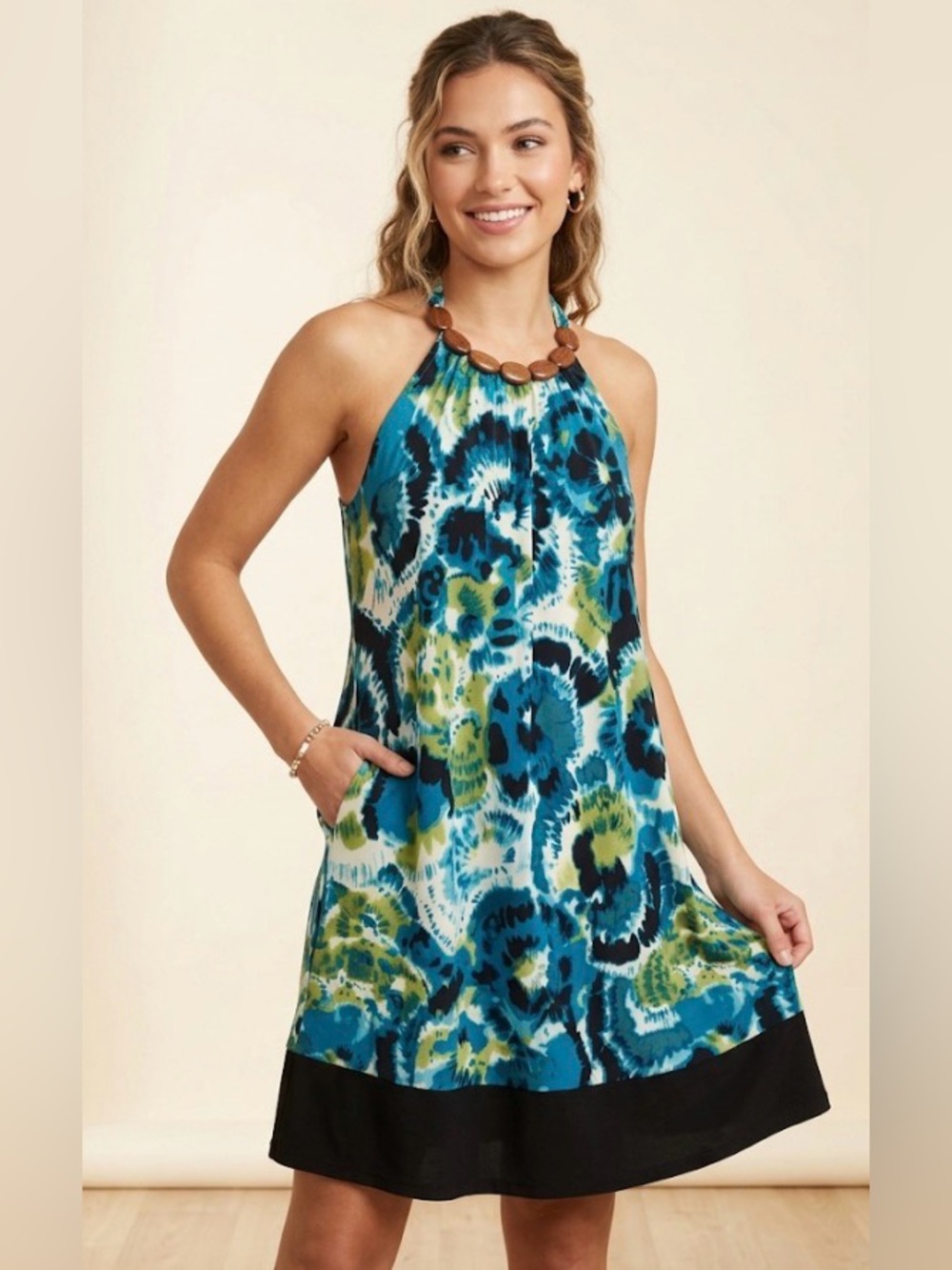 Apt.9 halter dress size small with wood beads,turquoise, green, white, and black